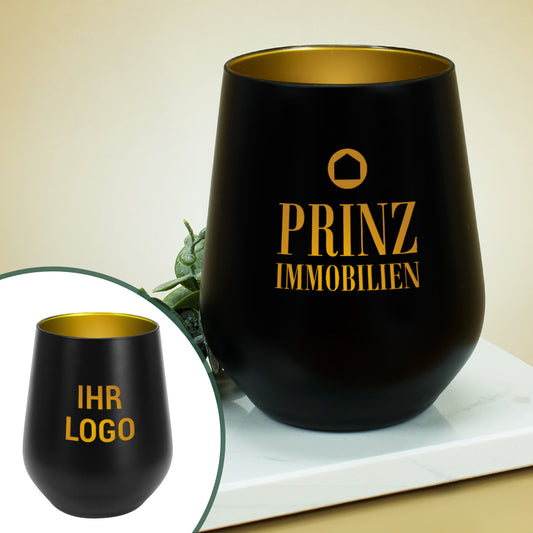 Schwarzes Windlicht mit Gravur des Logos