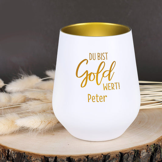 Windlicht in weiß und innen gold - Du bist Gold wert!