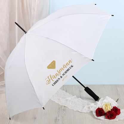 Weißer Regenschirm mit Firmenlogo bedruckt