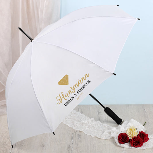 Weißer Regenschirm mit Firmenlogo bedruckt
