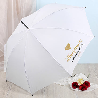 Weißer Regenschirm mit Firmenlogo bedruckt