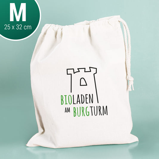 Jutebeutel mit Zuziehband und Logo bedruckt