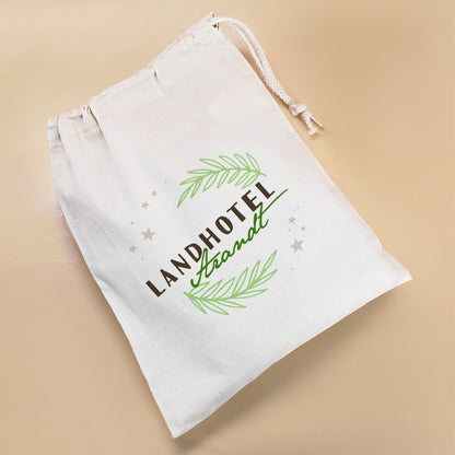 Jutebeutel mit Zuziehband und Logo bedruckt