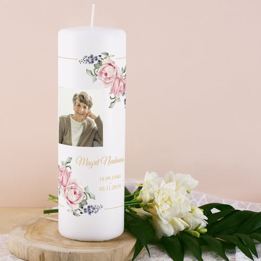 Gedenkkerze mit Foto, Name und Rosen