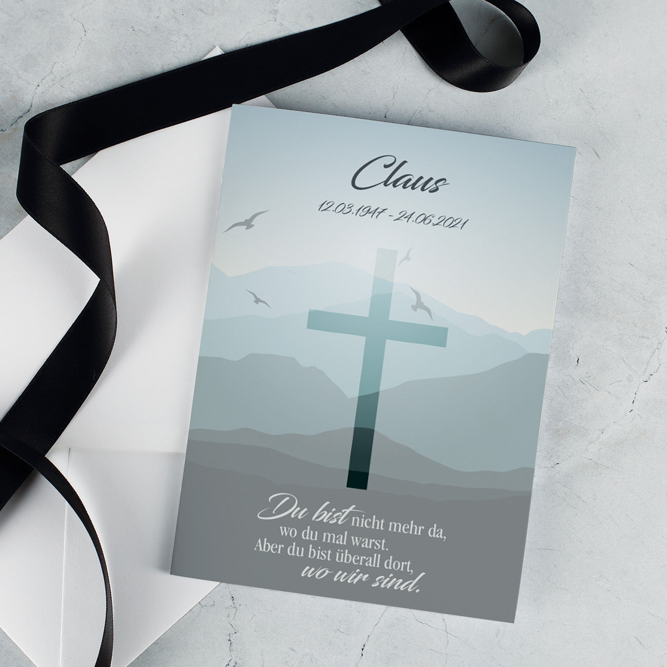 Personalisierte Trauerkarte "Du bist nicht mehr da, wo du mal warst" - mit Name und Datum