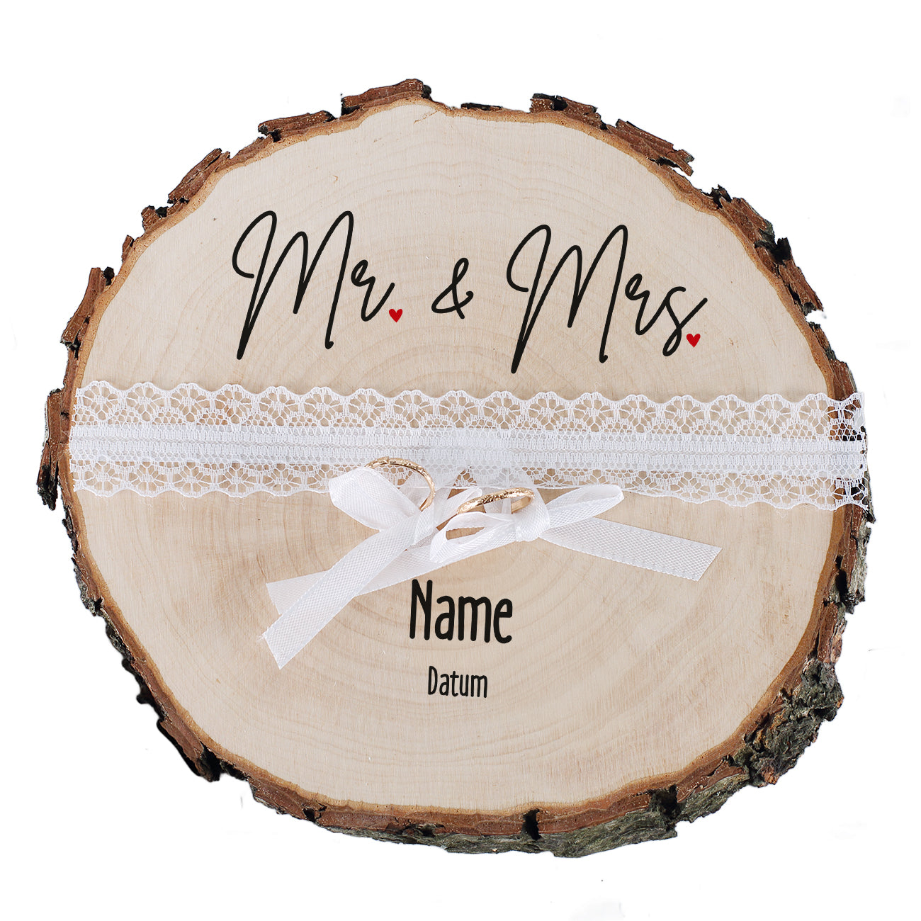 Baumscheibe als Ringkissen Mr&Mrs Motiv