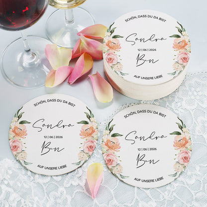 Bierdeckel Blumenmotiv zur Hochzeit 50er Set