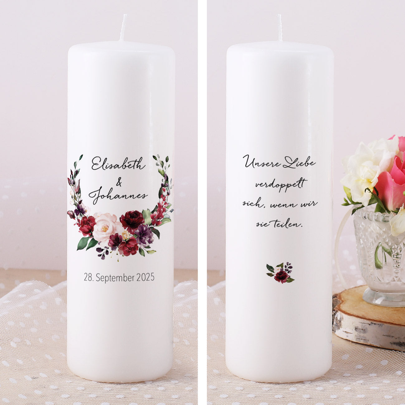 Schöne Hochzeitskerze mit Blütenkranz