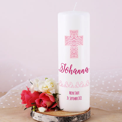 Taufkerze, Kommunionkerze oder Konfirmationskerze mit rosa Kreuz für Mädchen