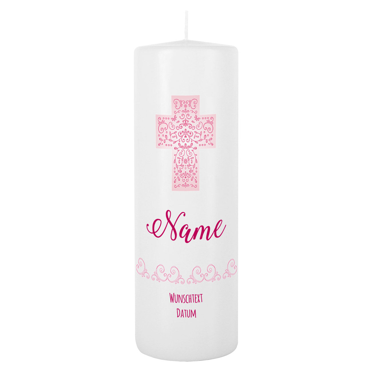 Taufkerze, Kommunionkerze oder Konfirmationskerze mit rosa Kreuz