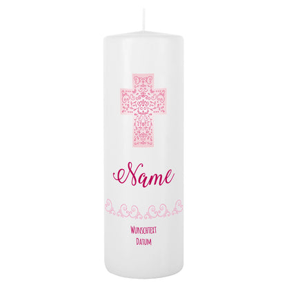 Taufkerze, Kommunionkerze oder Konfirmationskerze mit rosa Kreuz