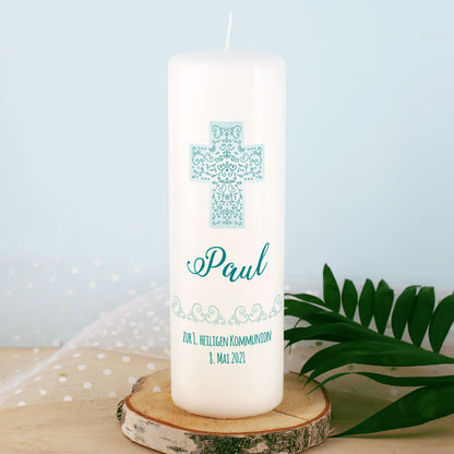 Kerze mit Kreuz-Motiv und Personalisierung für religiöse Anlässe
