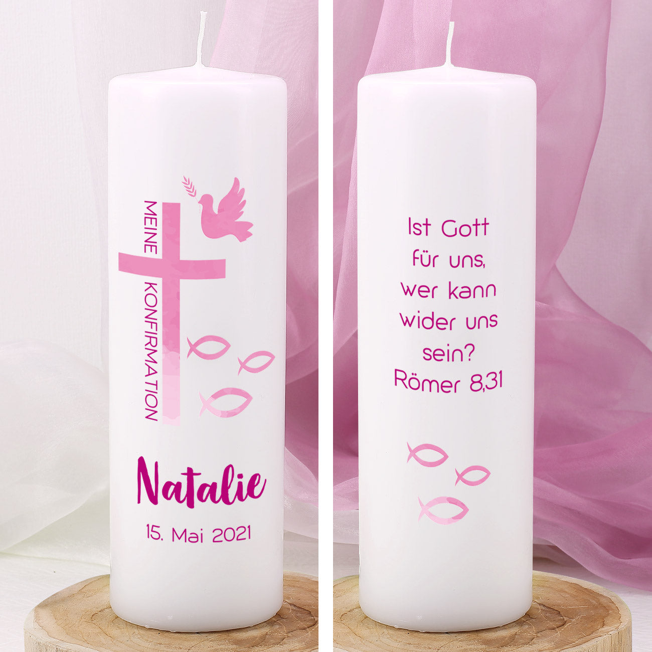 Konfirmatioskerze bedruckt mit Name, Datum und Wunschtext in violett