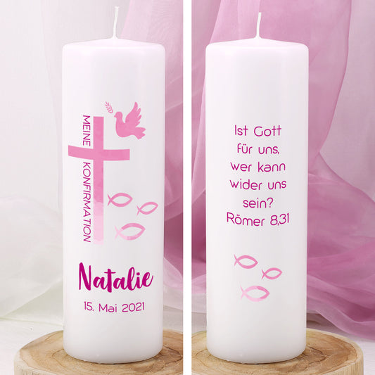 Konfirmatioskerze bedruckt mit Name, Datum und Wunschtext in violett