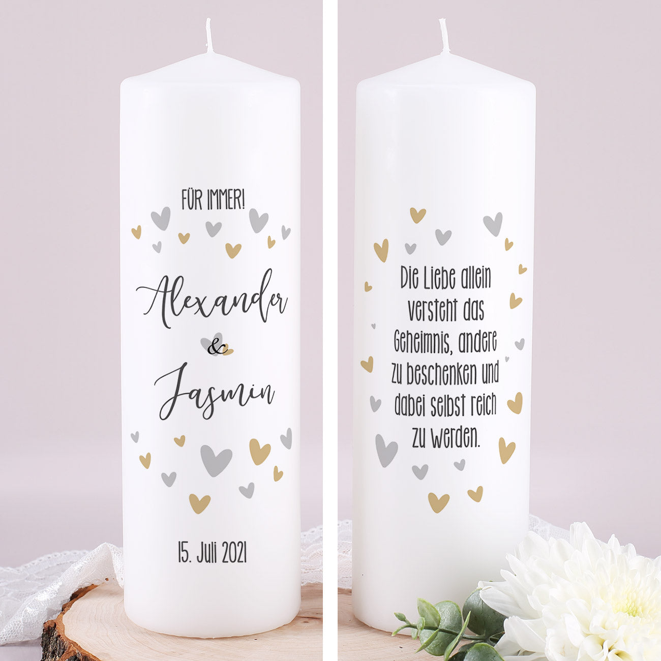 Hochzeitskerze mit Herzen und Namen