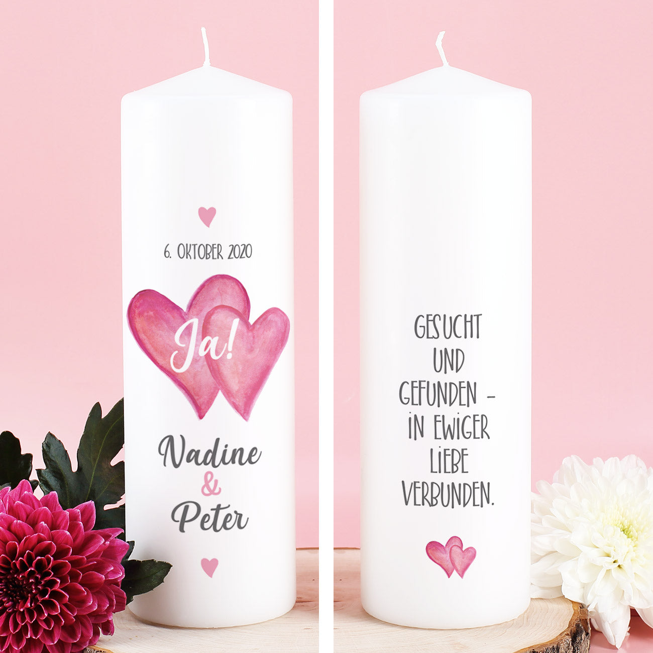 Hochzeitskerze "Ja" mit Namen, Datum und Wunschtext