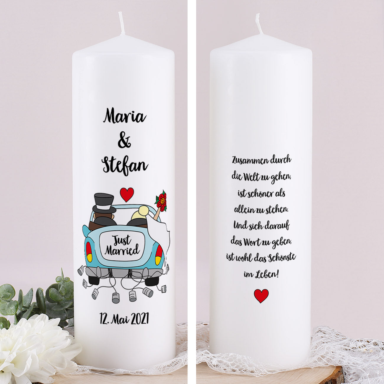 Hochzeitskerze "Auto" - mit Namen, Datum und Wunschtext