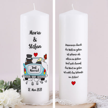 Hochzeitskerze "Auto" - mit Namen, Datum und Wunschtext