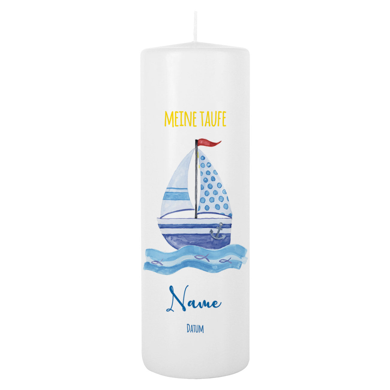 Taufkerze mit Segelboot-Motiv in blau mit Name, Datum und Wunschtext