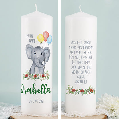 Kerze zur Taufe mit Elefant-Motiv und 3 Luftballons mit Name, Datum und Wunschtext
