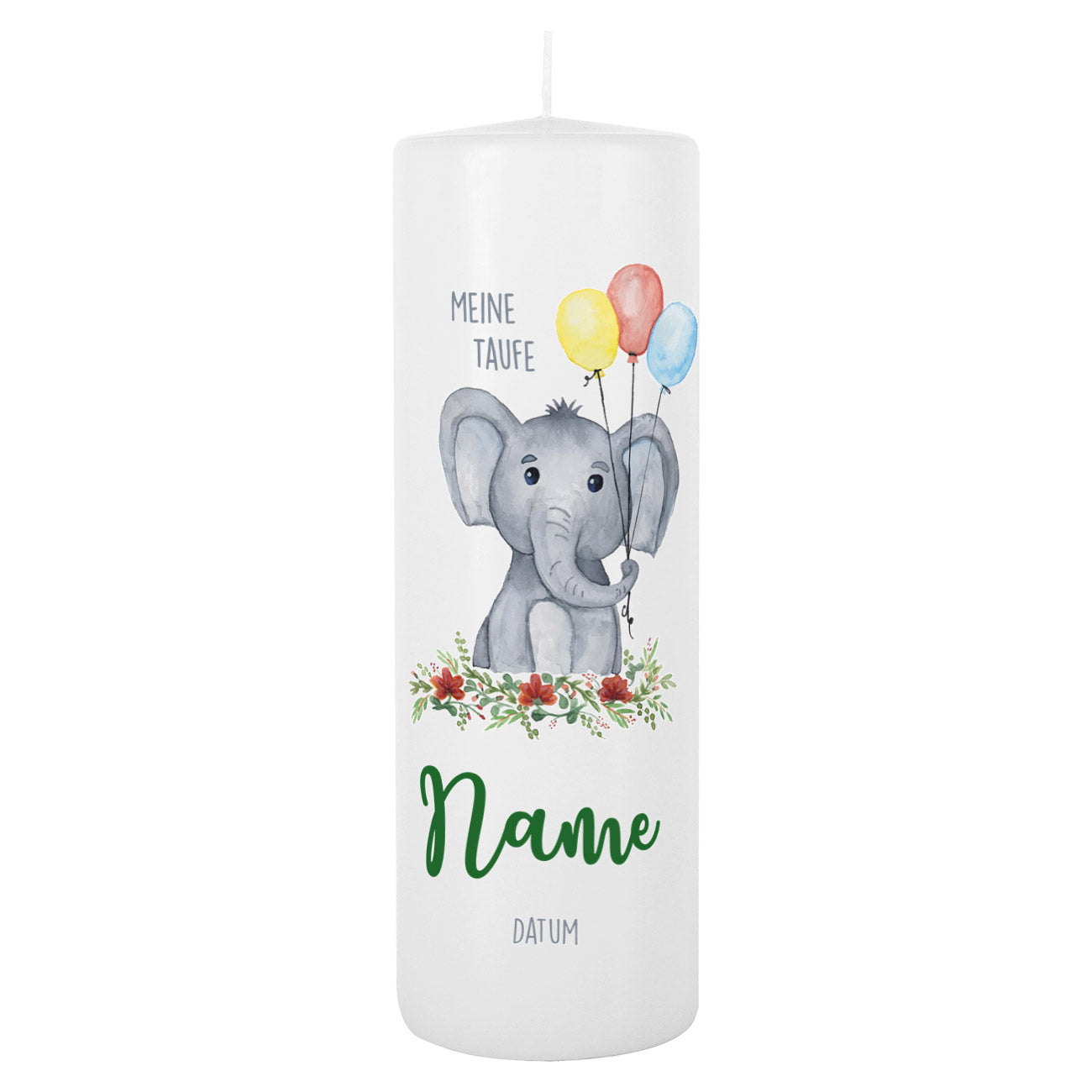 Kerze zur Taufe mit Elefant-Motiv und 3 Luftballons mit Name, Datum und Wunschtext