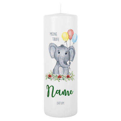 Kerze zur Taufe mit Elefant-Motiv und 3 Luftballons mit Name, Datum und Wunschtext