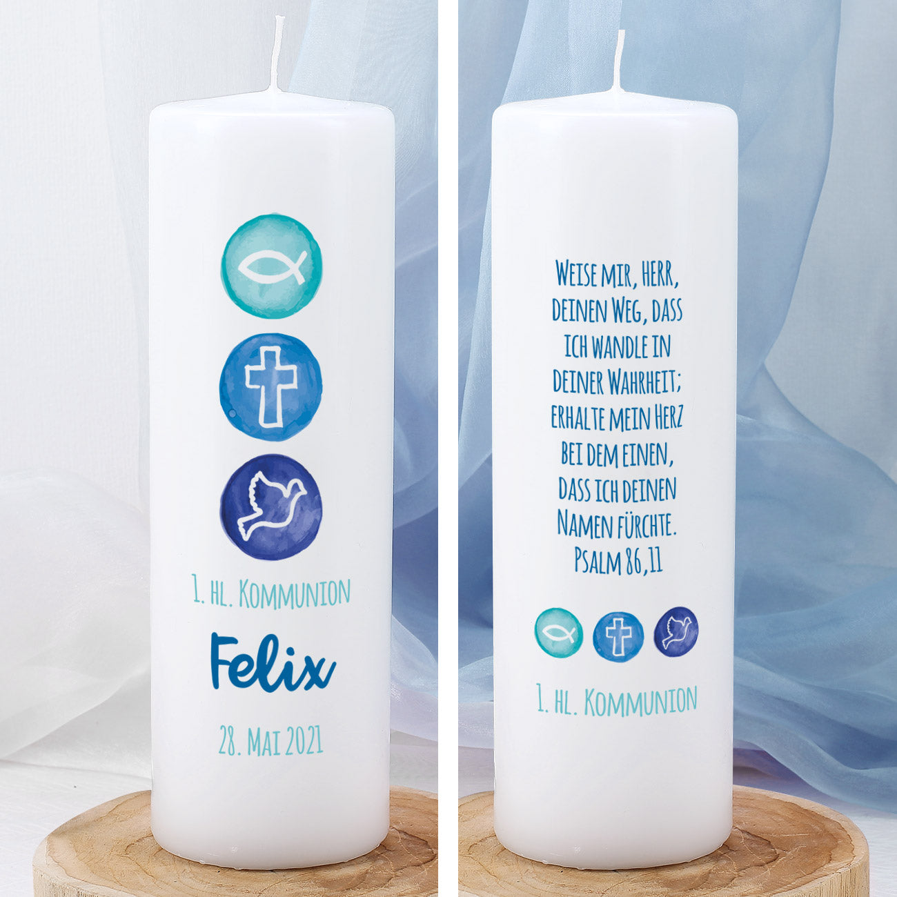 Kommunionkerze mit Fisch, Kreuz und Taube in Blau mit Personalisierung