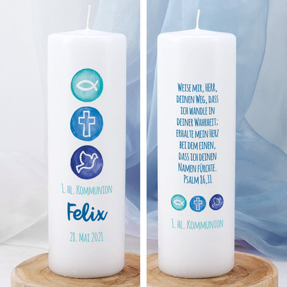 Kommunionkerze mit Fisch, Kreuz und Taube in Blau mit Personalisierung