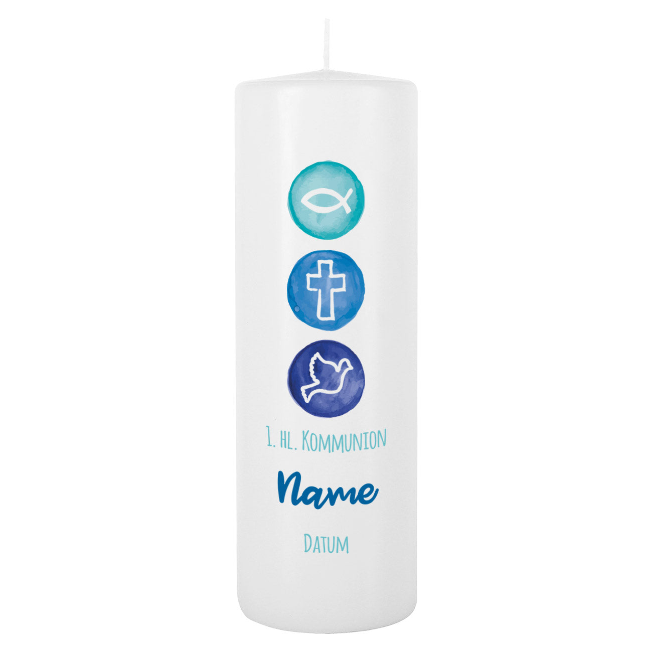 Kommunionkerze mit Fisch, Kreuz und Taube in Blau mit Personalisierung