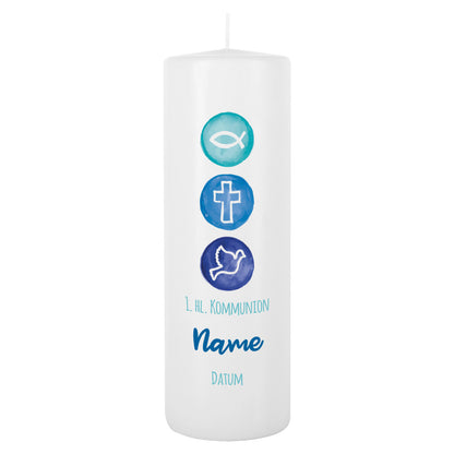 Kommunionkerze mit Fisch, Kreuz und Taube in Blau mit Personalisierung