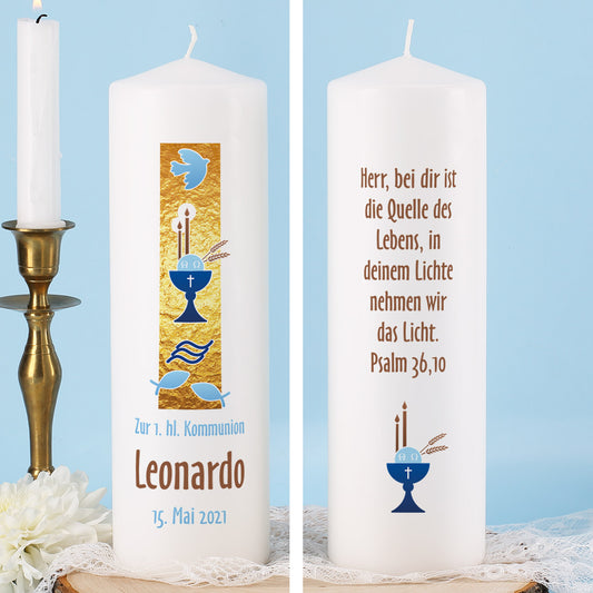 Kerze zur Erstkommunion mit christlichen Symbolen auf goldenem Hintergrund