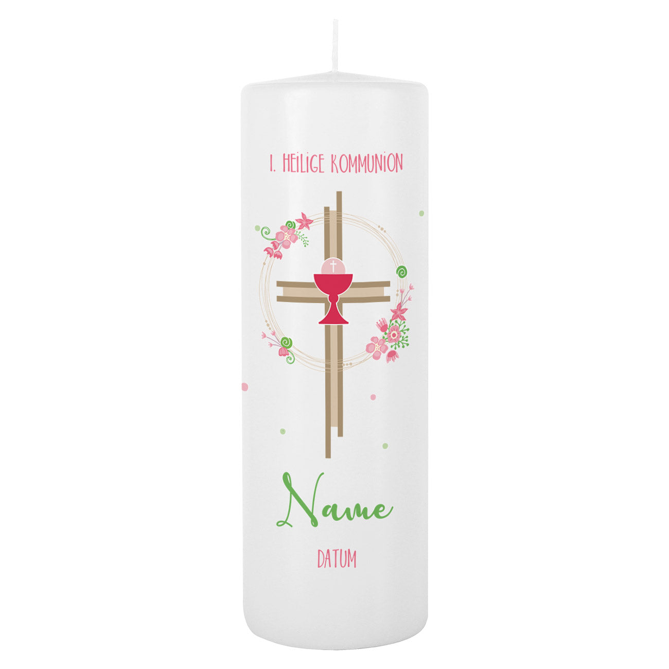 Kerze zur Kommunion mit Blumen, Kreuz und Kelch für Mädchen