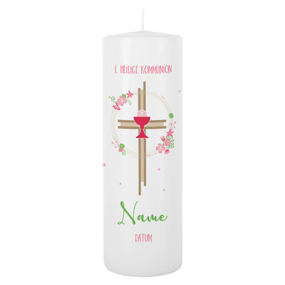 Kerze zur Kommunion mit Blumen, Kreuz und Kelch für Mädchen