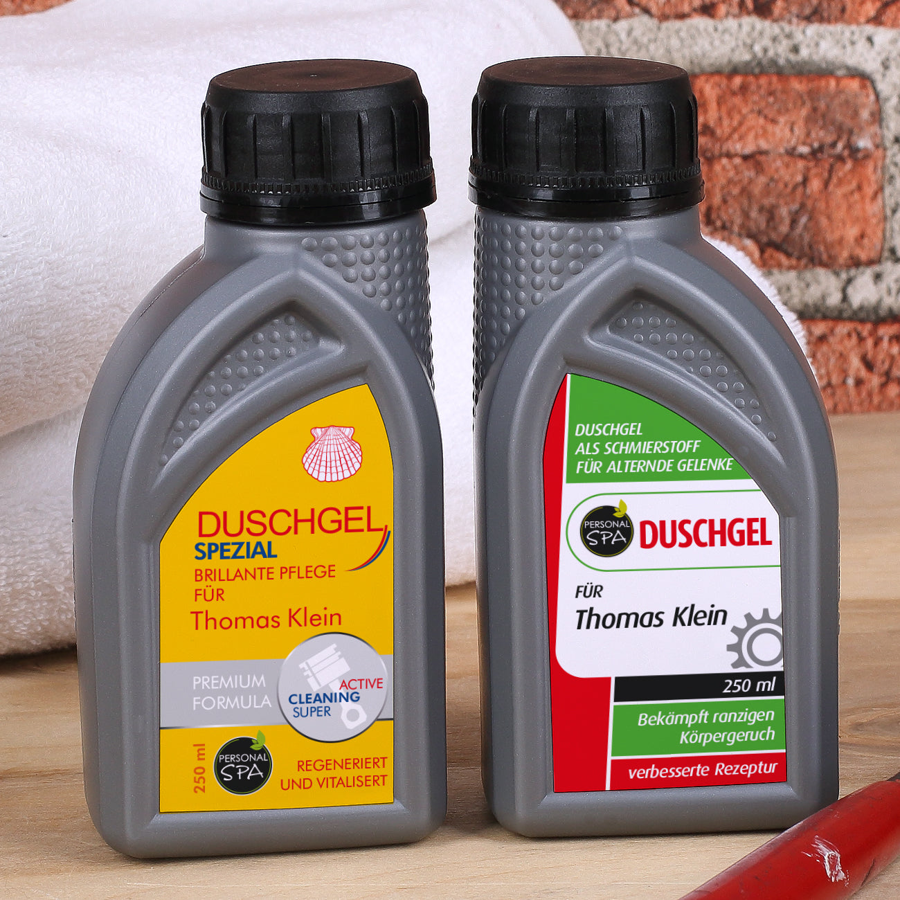 Duschgel in Motoröl-Optik mit Wunschname