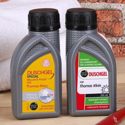 Duschgel in Motoröl-Optik mit Wunschname