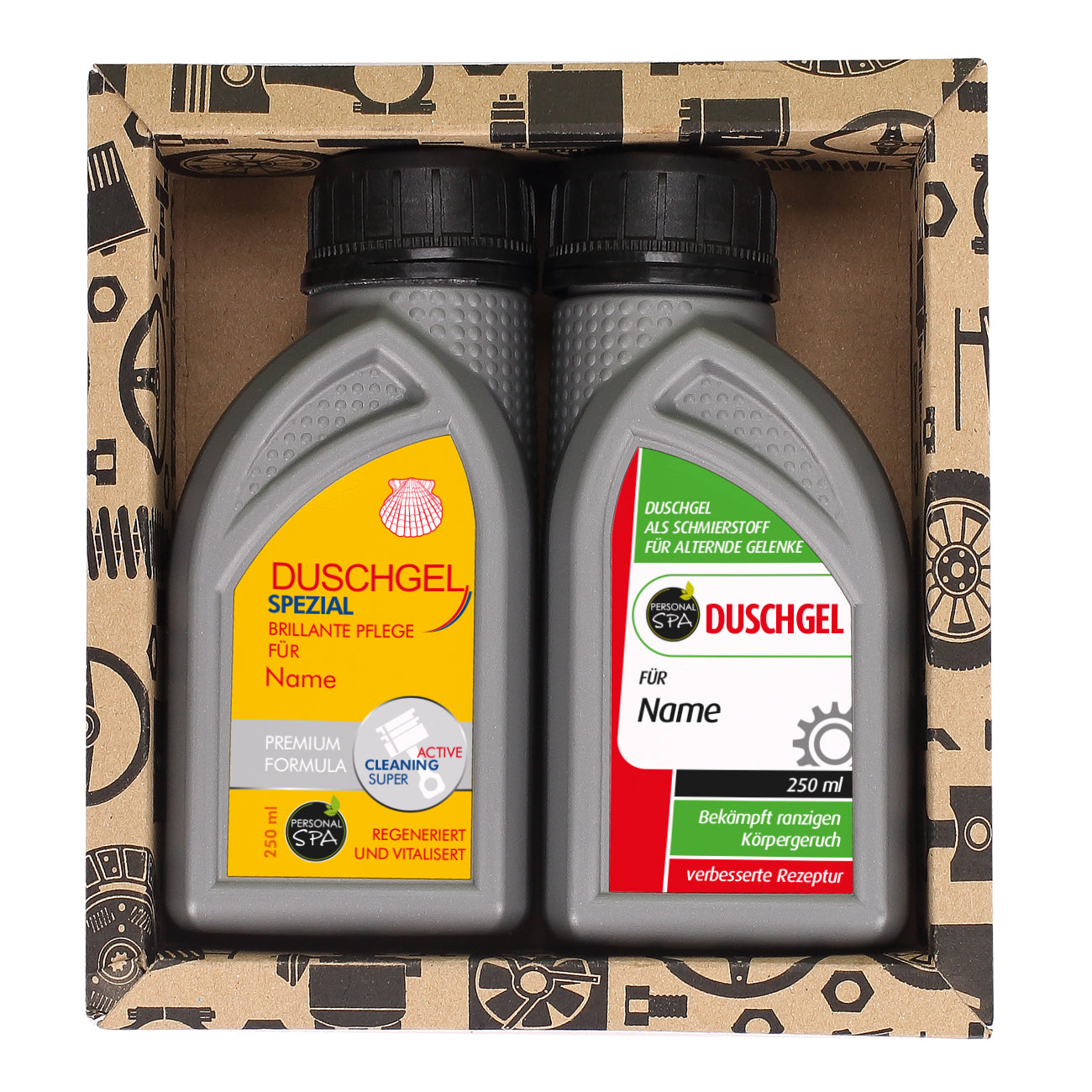 Duschgel in Motoröl-Optik mit Wunschname