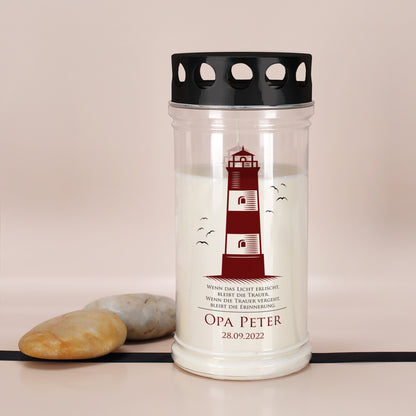 Grablicht mit Leuchtturm-Motiv in zwei Größen mit Name und Datum