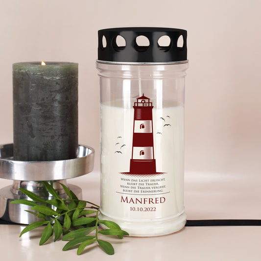 Grablicht mit Leuchtturm-Motiv in zwei Größen mit Name und Datum