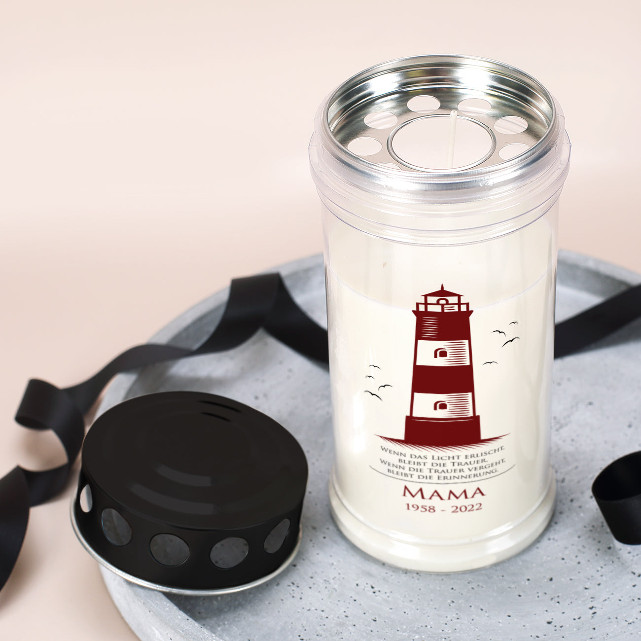 Grablicht mit Leuchtturm-Motiv in zwei Größen mit Name und Datum