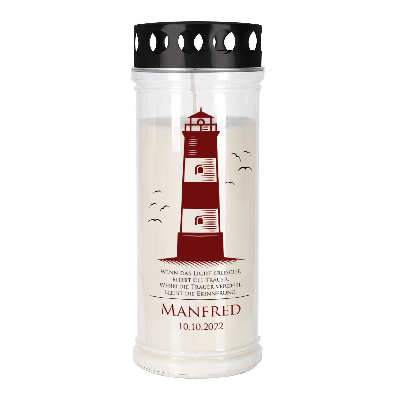 Grablicht mit Leuchtturm-Motiv in zwei Größen mit Name und Datum