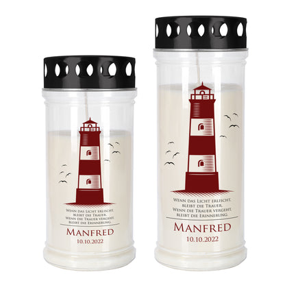 Grablicht mit Leuchtturm-Motiv in zwei Größen mit Name und Datum