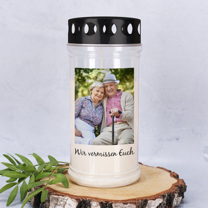 Grablicht mit Foto und Wunschtext in zwei verschiedenen Größen