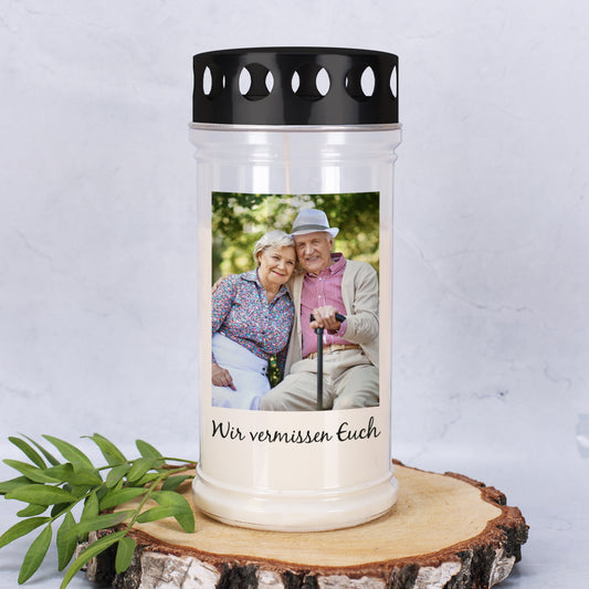 Grablicht mit Foto und Wunschtext in zwei verschiedenen Größen