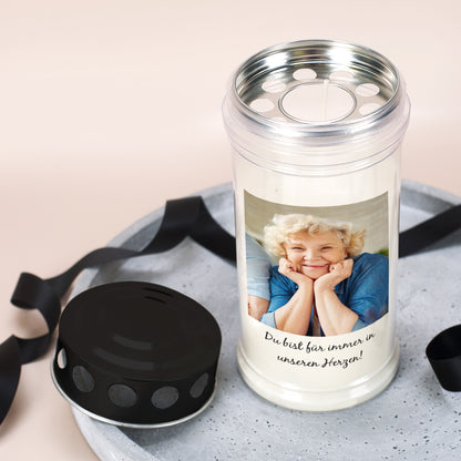 Grablicht mit Foto und Wunschtext in zwei verschiedenen Größen