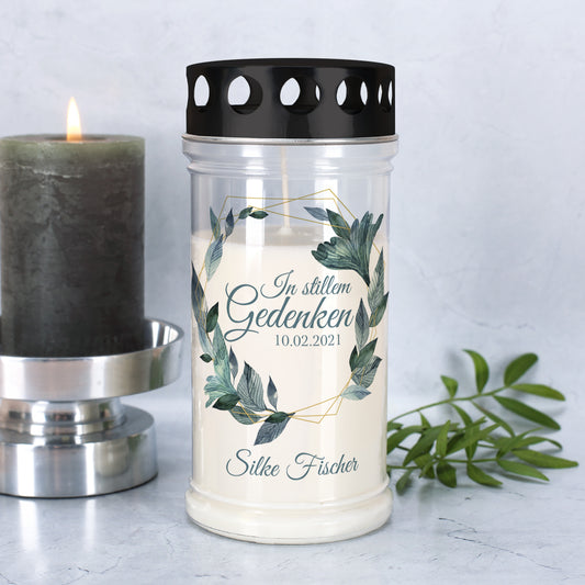 Grablicht mit elegantem Blätterkranz-Motiv in zwei Größen