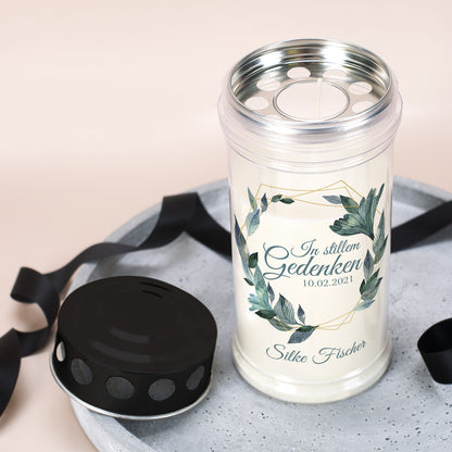 Grablicht mit elegantem Blätterkranz-Motiv in zwei Größen
