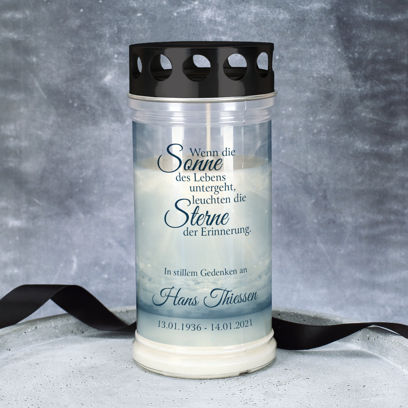 Grablicht "Sonne des Lebens" mit Name und Datum