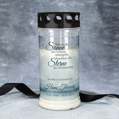 Grablicht "Sonne des Lebens" mit Name und Datum