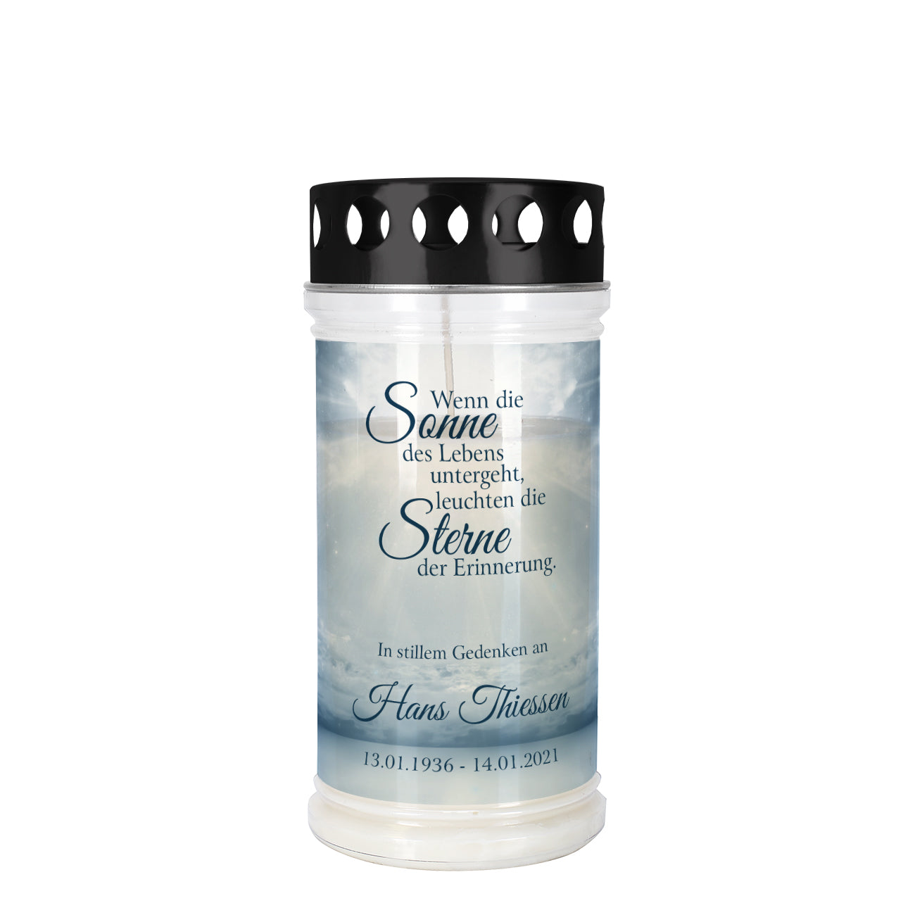 Grablicht "Sonne des Lebens" mit Name und Datum