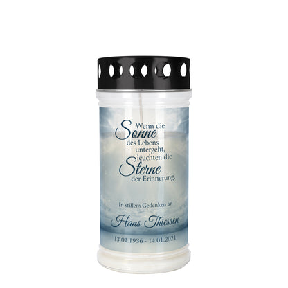 Grablicht "Sonne des Lebens" mit Name und Datum